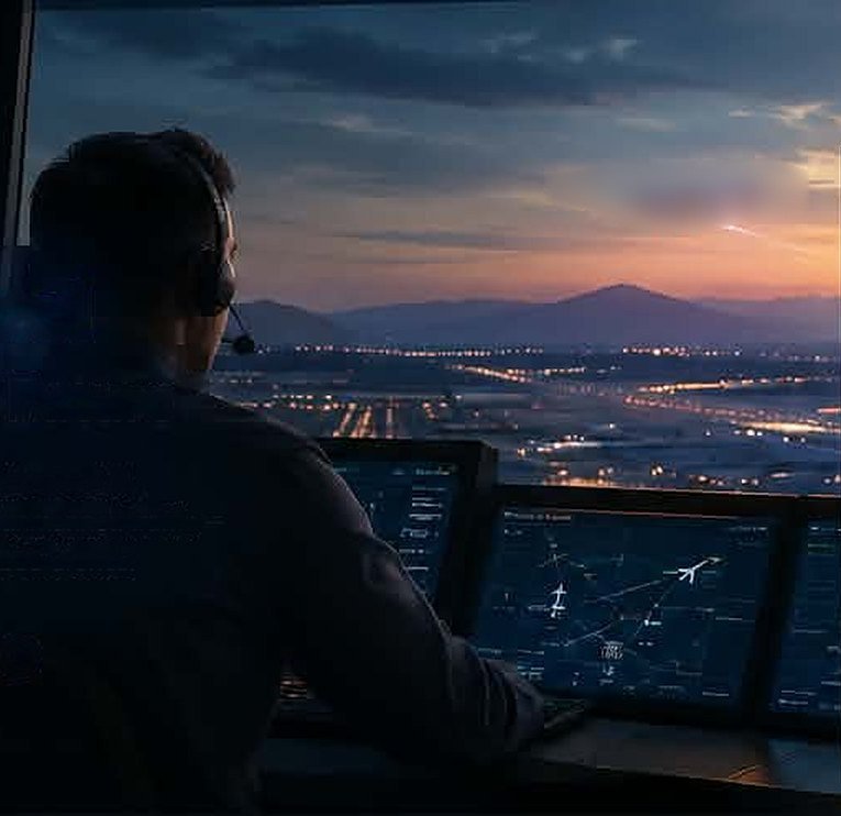 Controller in the tower at dusk, watching traffic over the airport